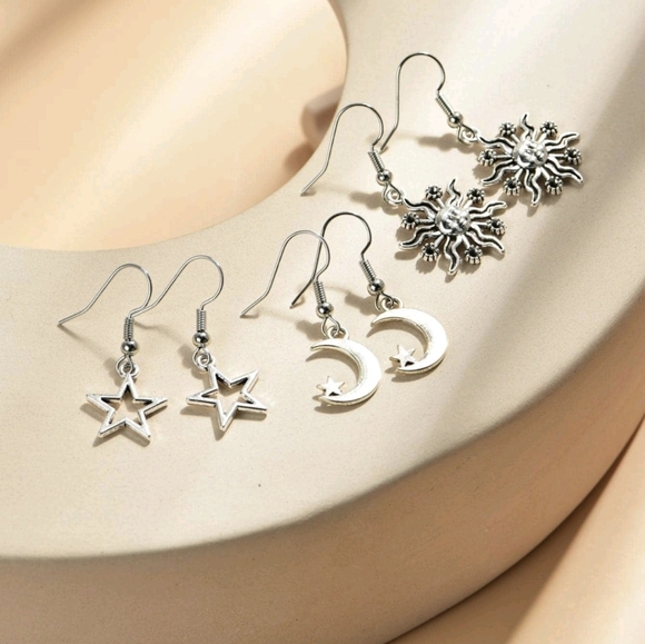 Silver Sun, Moon, and Star Earrings Set - Picture 3 of 4